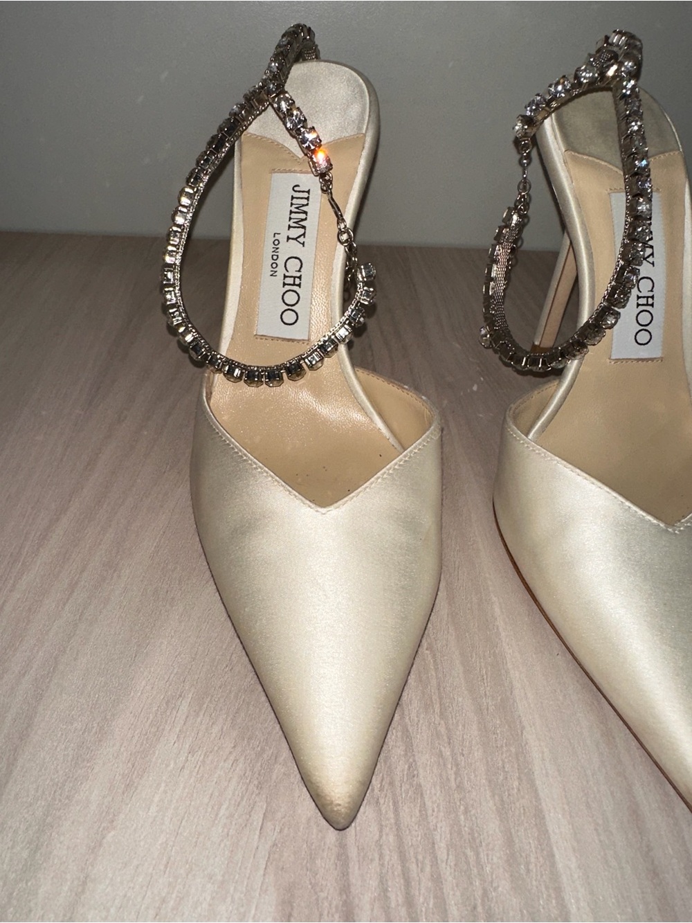 Jimmy Choo Saeda 100 Pump Ivory Satin Pointed-Toe Heel with Crystal Ankle Straps